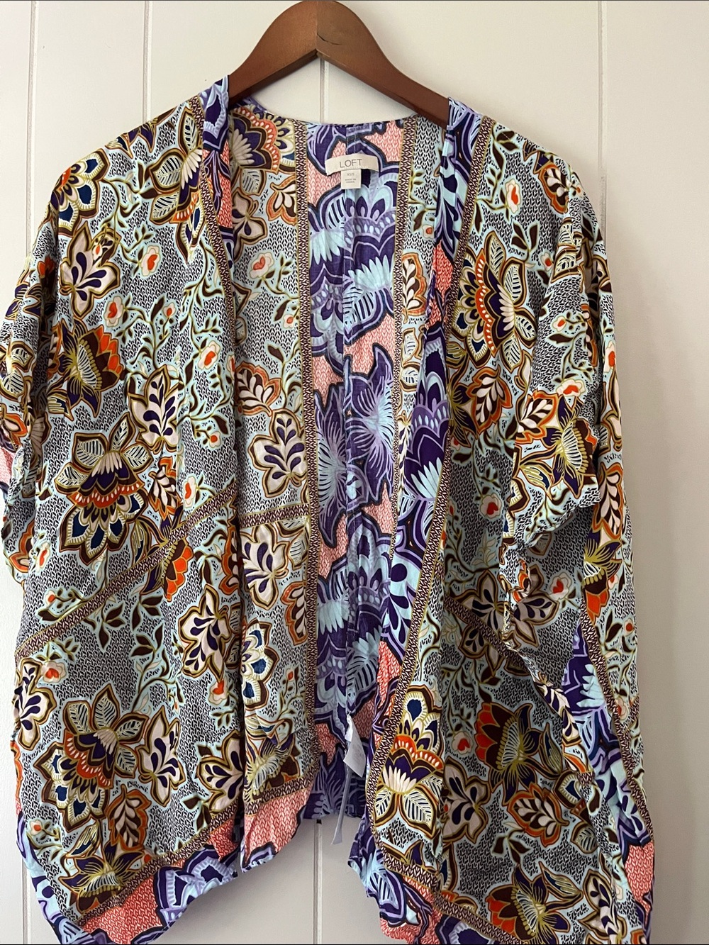 LOFT Floral Print Open-Front Kimono Jacket in Purple, Navy, Cream, Tan, Orange